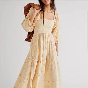 Free People Dahlia Embroidered Maxi Dress ivory white smocked puff sleeve M
